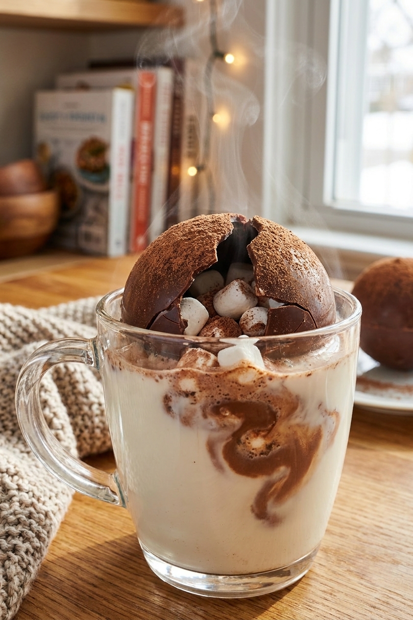 A real photo of a chocolate hot chocolate bomb cracking open and melting in a clear mug of steaming milk with marshmallows floating up, cozy kitchen background