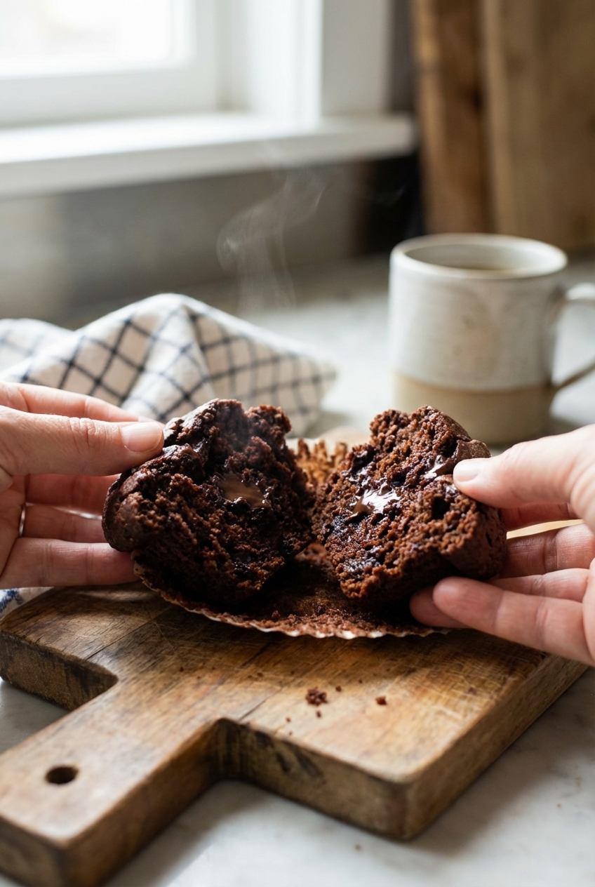 A real photo of a chocolate muffin broken open to show a moist, dark crumb and melted chocolate chips inside