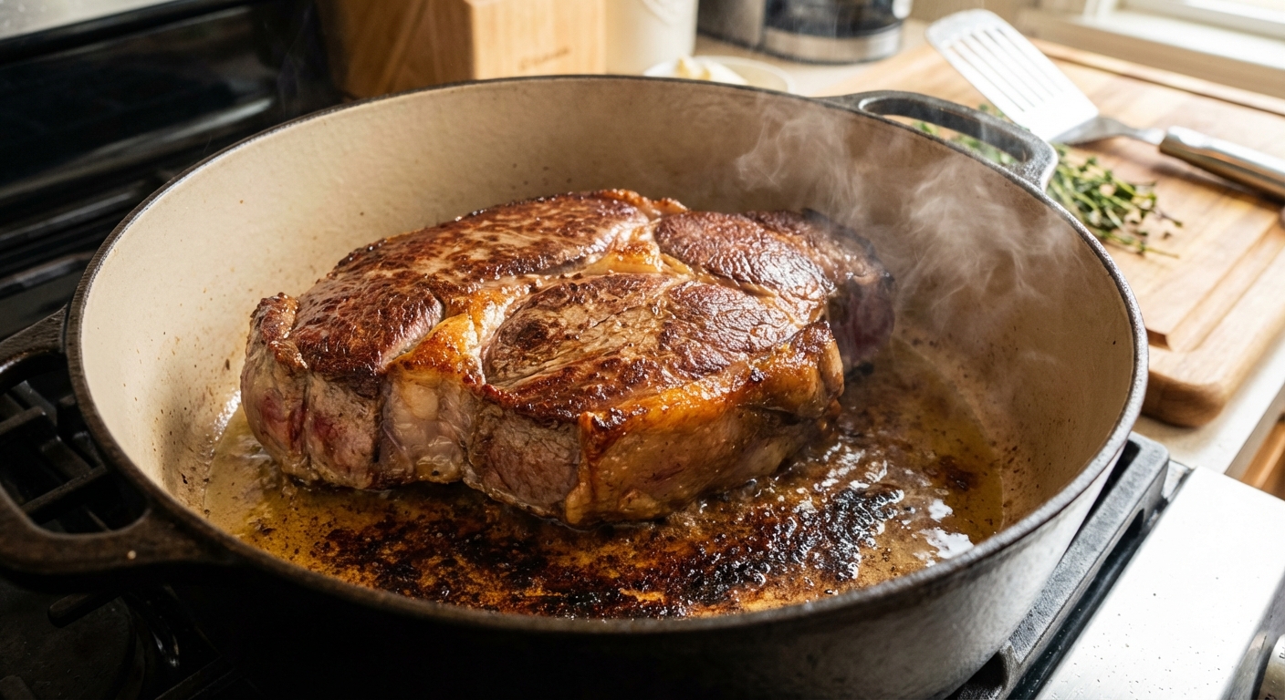 A real photo of a chuck roast being seared in a Dutch oven with browned edges