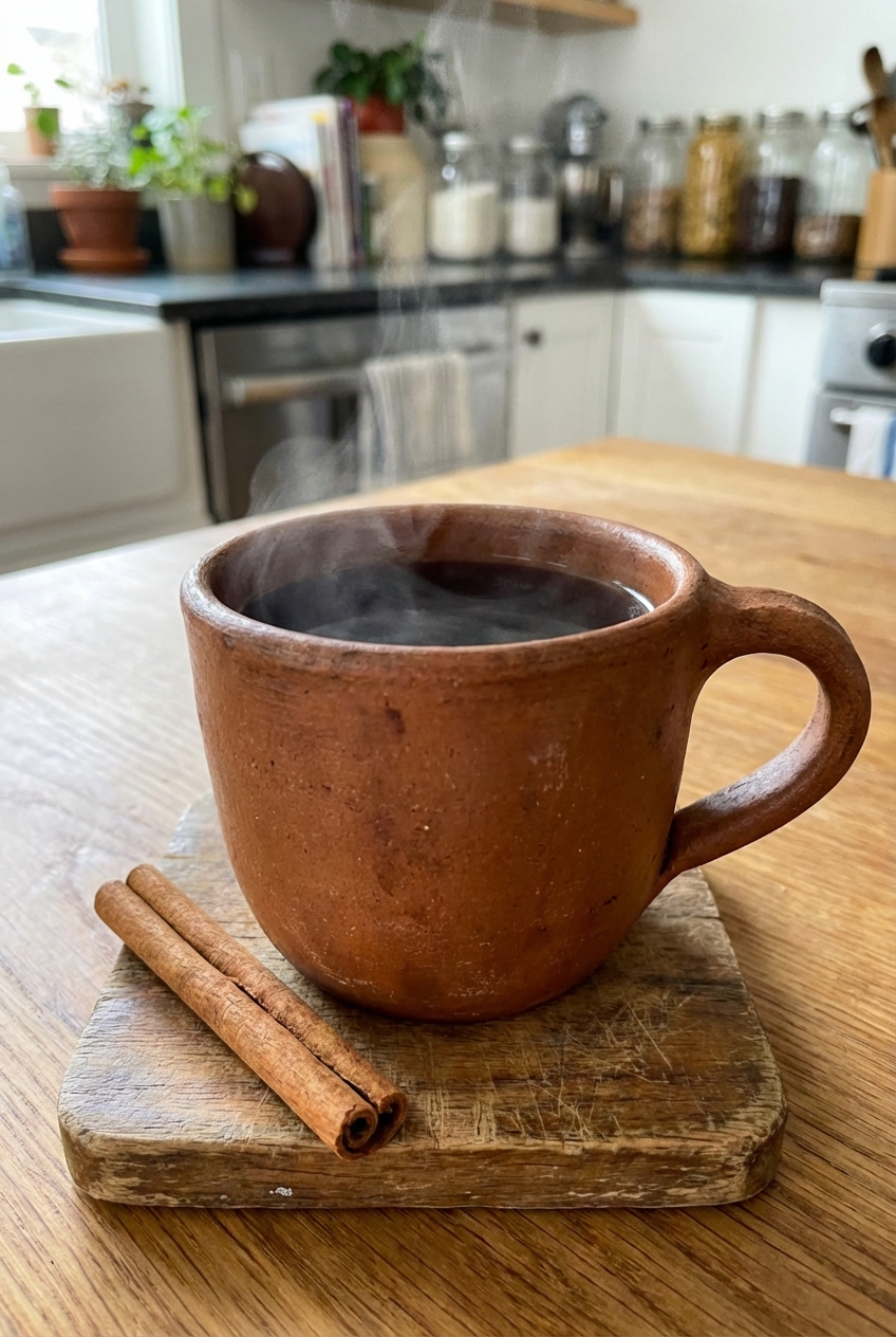 A real photo of a clay mug of coffee with a cinnamon stick next to it