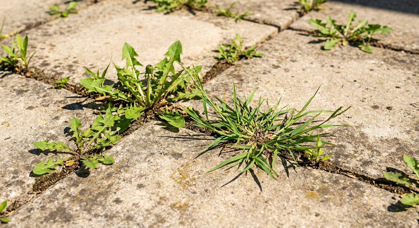 A real photo of a close-up of weeds growing between patio pavers on a bright day