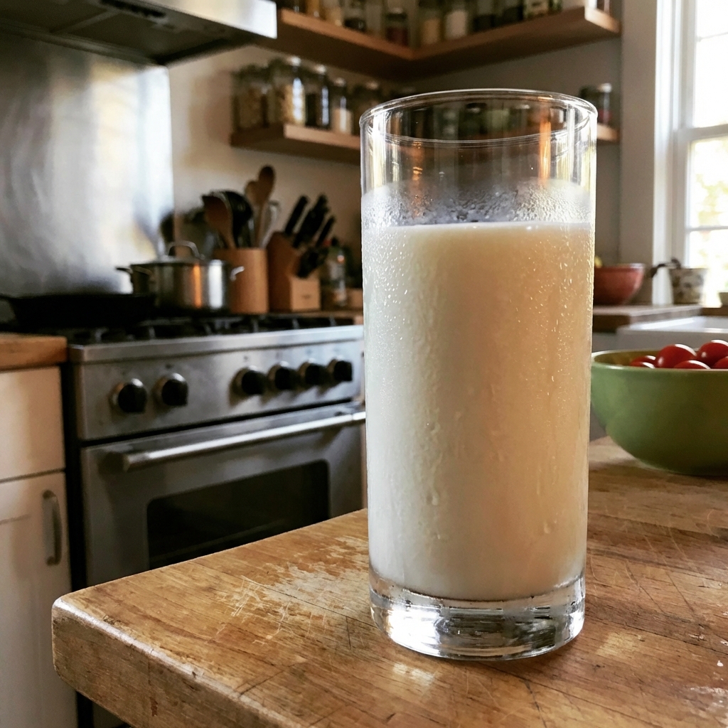 A real photo of a cold glass of milk on a kitchen counter with condensation