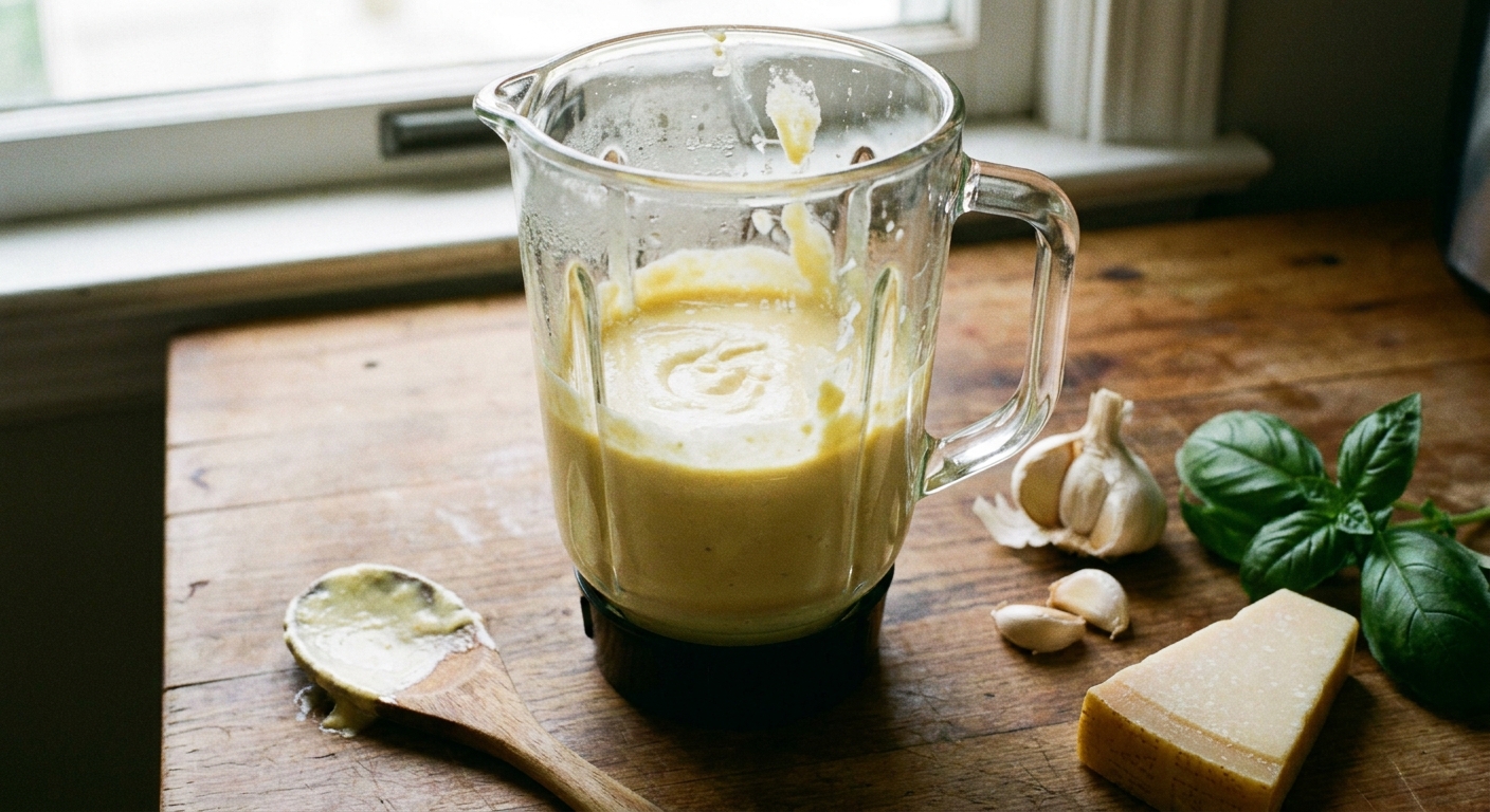 A real photo of a countertop blender jar filled with whipped cottage cheese pasta sauce, blended smooth with Parmesan and garlic