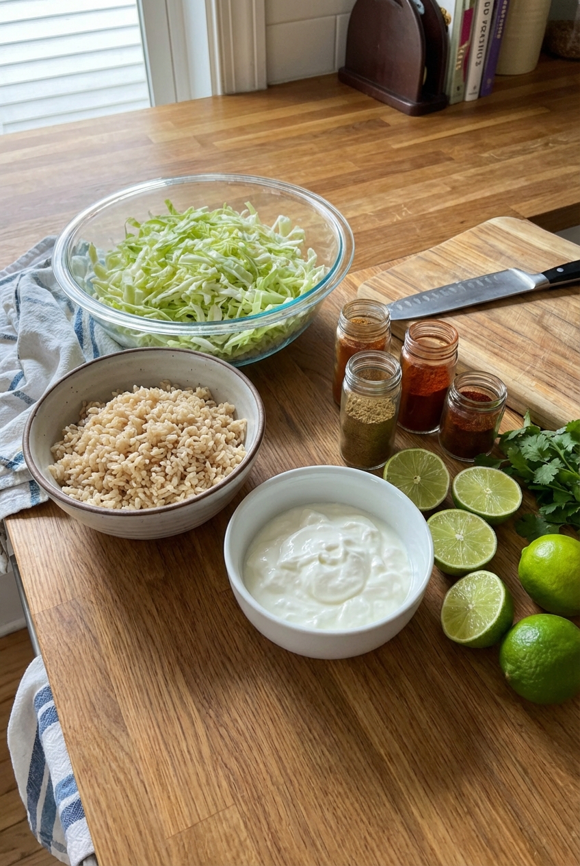 A real photo of a countertop with bowls of shredded cabbage, cooked brown rice, Greek yogurt, limes, and spices set up for cooking
