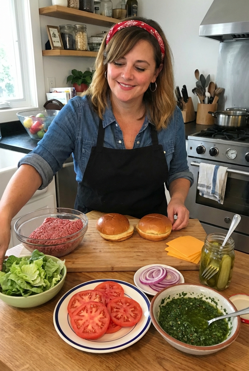 A real photo of a countertop with measured burger ingredients including ground beef, buns, sliced cheese, lettuce, tomatoes, red onion, pickles, and a bowl of green herb sauce