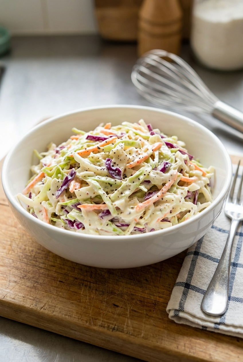 A real photo of a creamy coleslaw in a white bowl