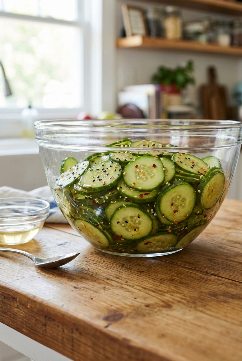 A real photo of a crisp cucumber salad with rice vinegar and sesame seeds in a glass bowl
