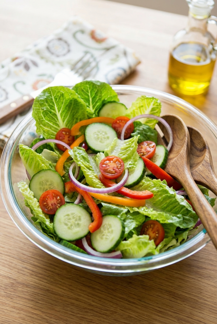 A real photo of a crisp garden salad with cucumbers and tomatoes in a glass bowl