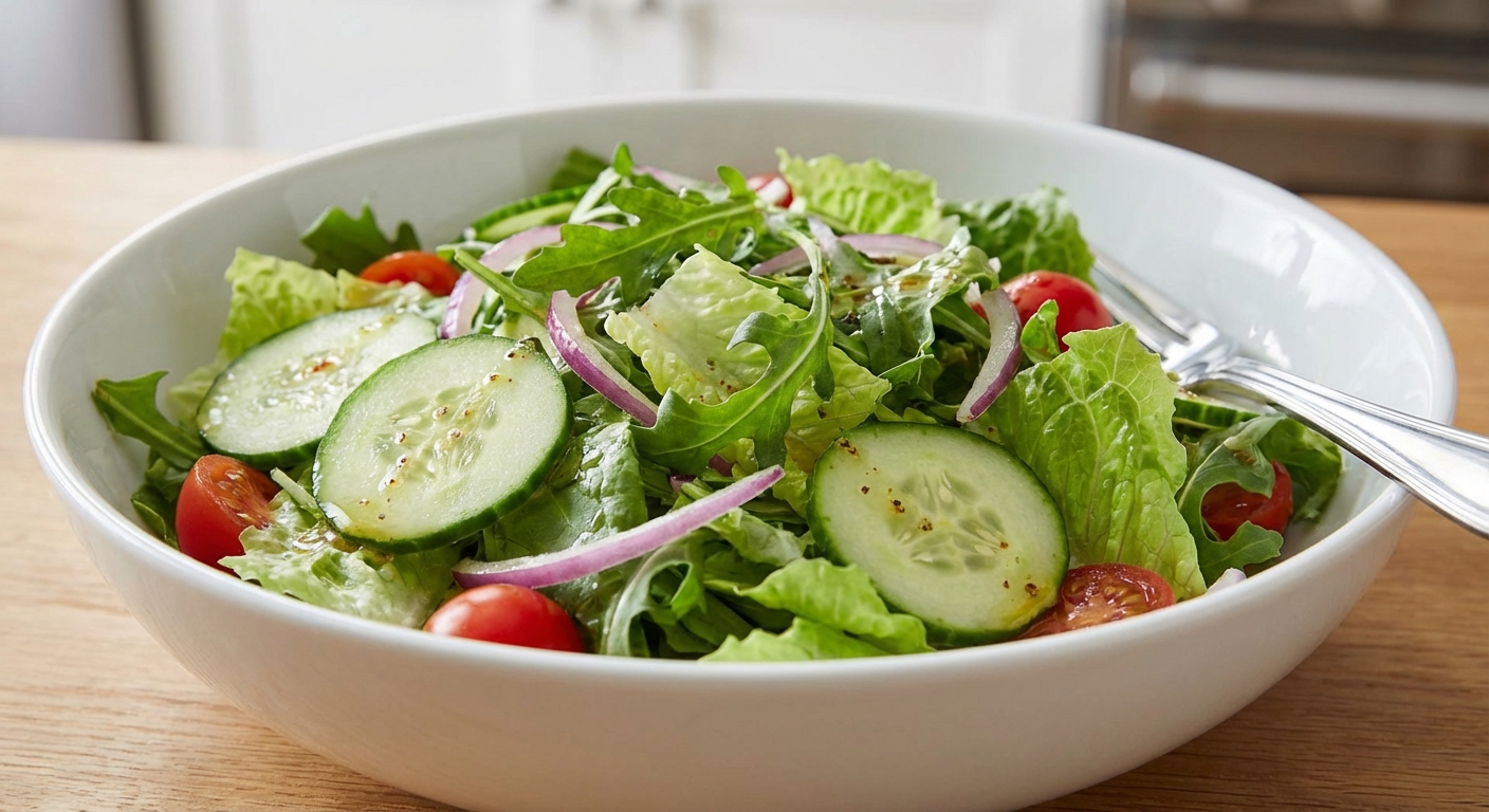 A real photo of a crisp green salad with cucumbers and a light vinaigrette