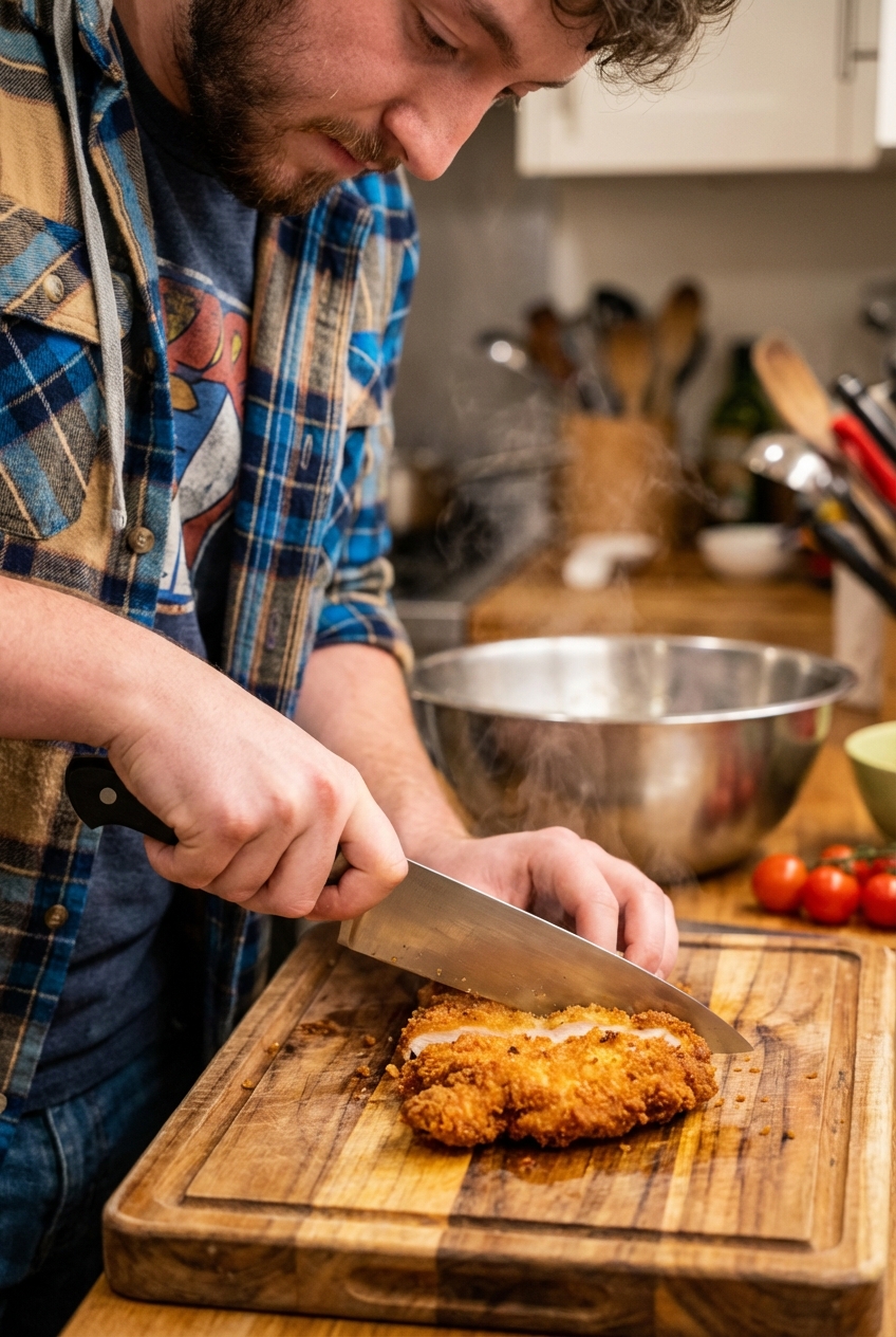 A real photo of a crispy breaded chicken cutlet being sliced on a wooden cutting board with a chef's knife