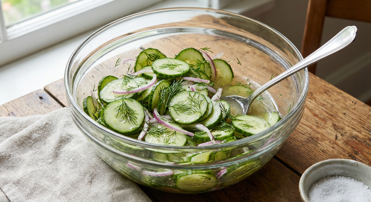 A real photo of a crunchy cucumber salad in a glass bowl with dill