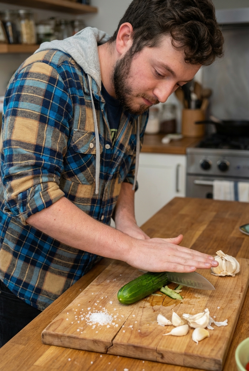 A real photo of a cucumber being lightly smashed on a cutting board with a chef's knife, with coarse salt and garlic nearby