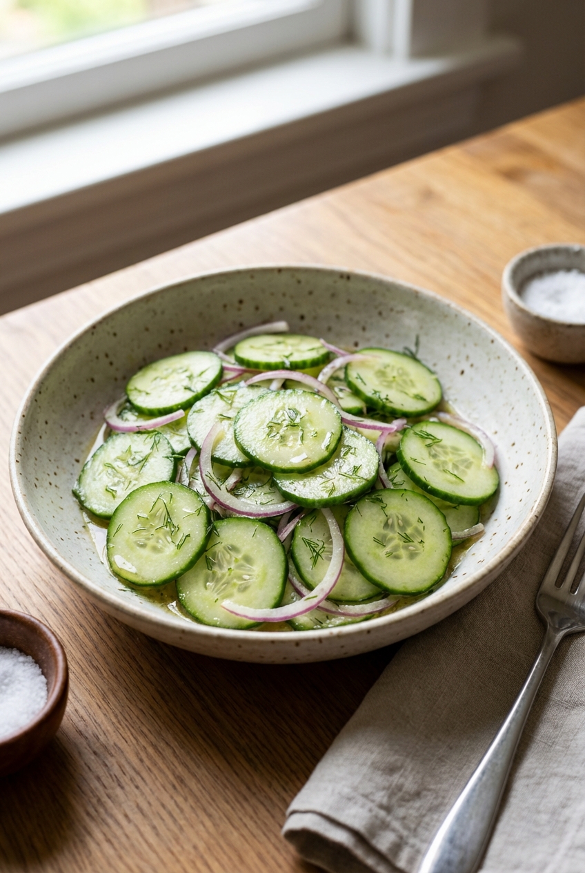 A real photo of a cucumber salad with dill and thinly sliced red onion in a serving bowl