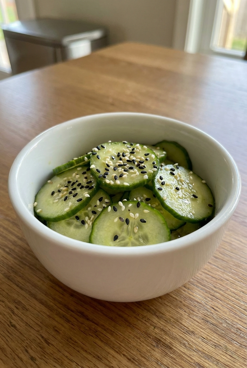 A real photo of a cucumber salad with sesame seeds in a small white bowl