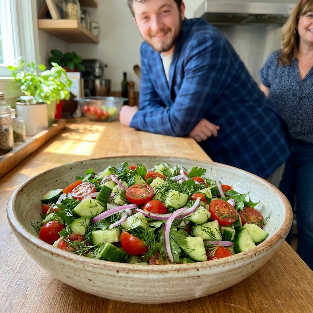 A real photo of a cucumber tomato salad in a bowl with herbs