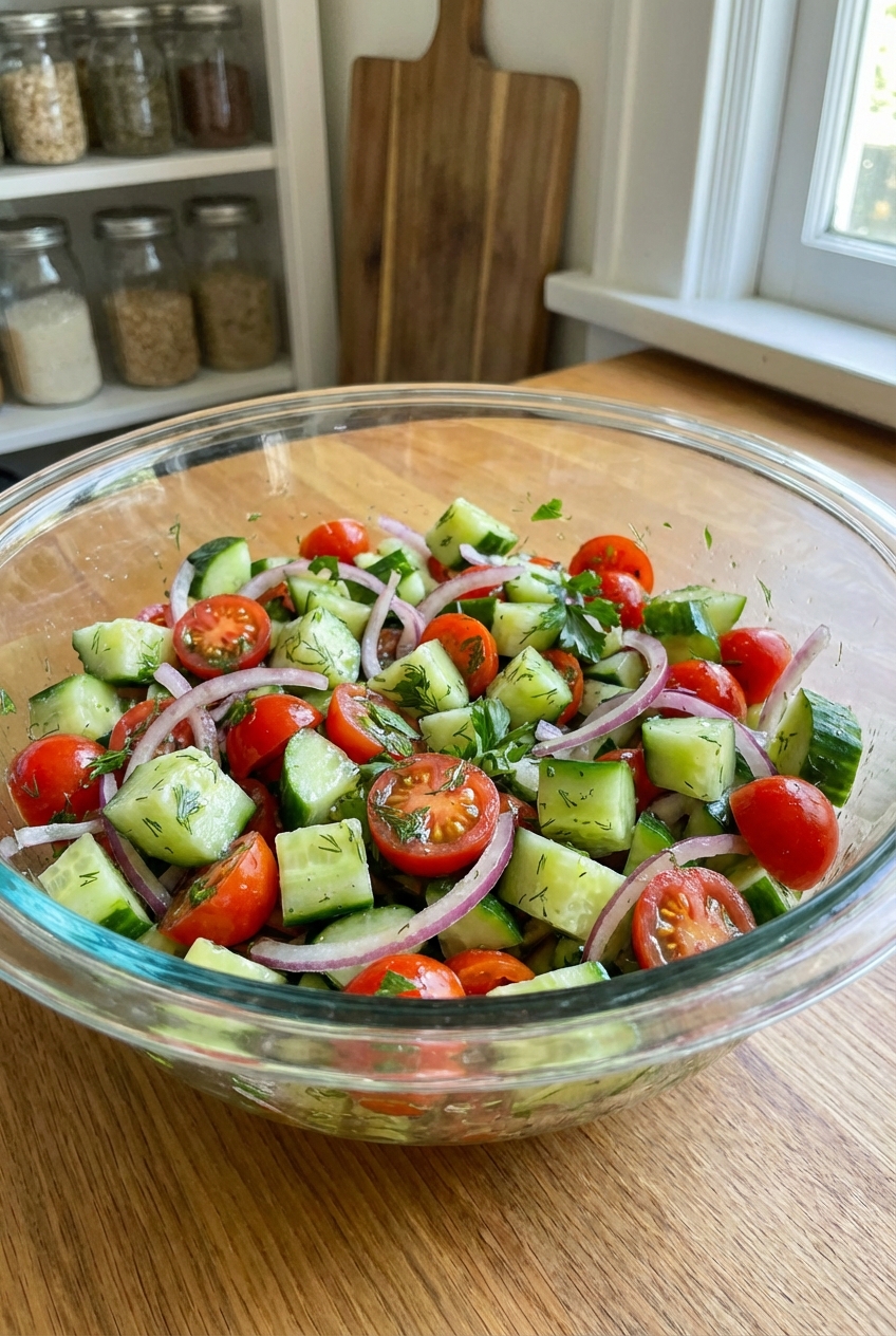 A real photo of a cucumber tomato salad with red onion and herbs in a glass bowl