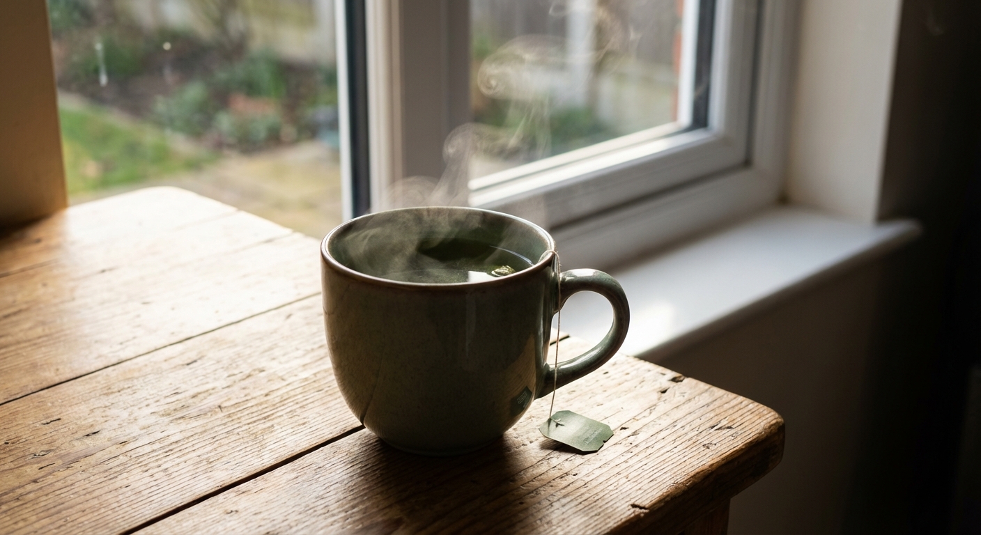 A real photo of a cup of hot green tea on a table near a window