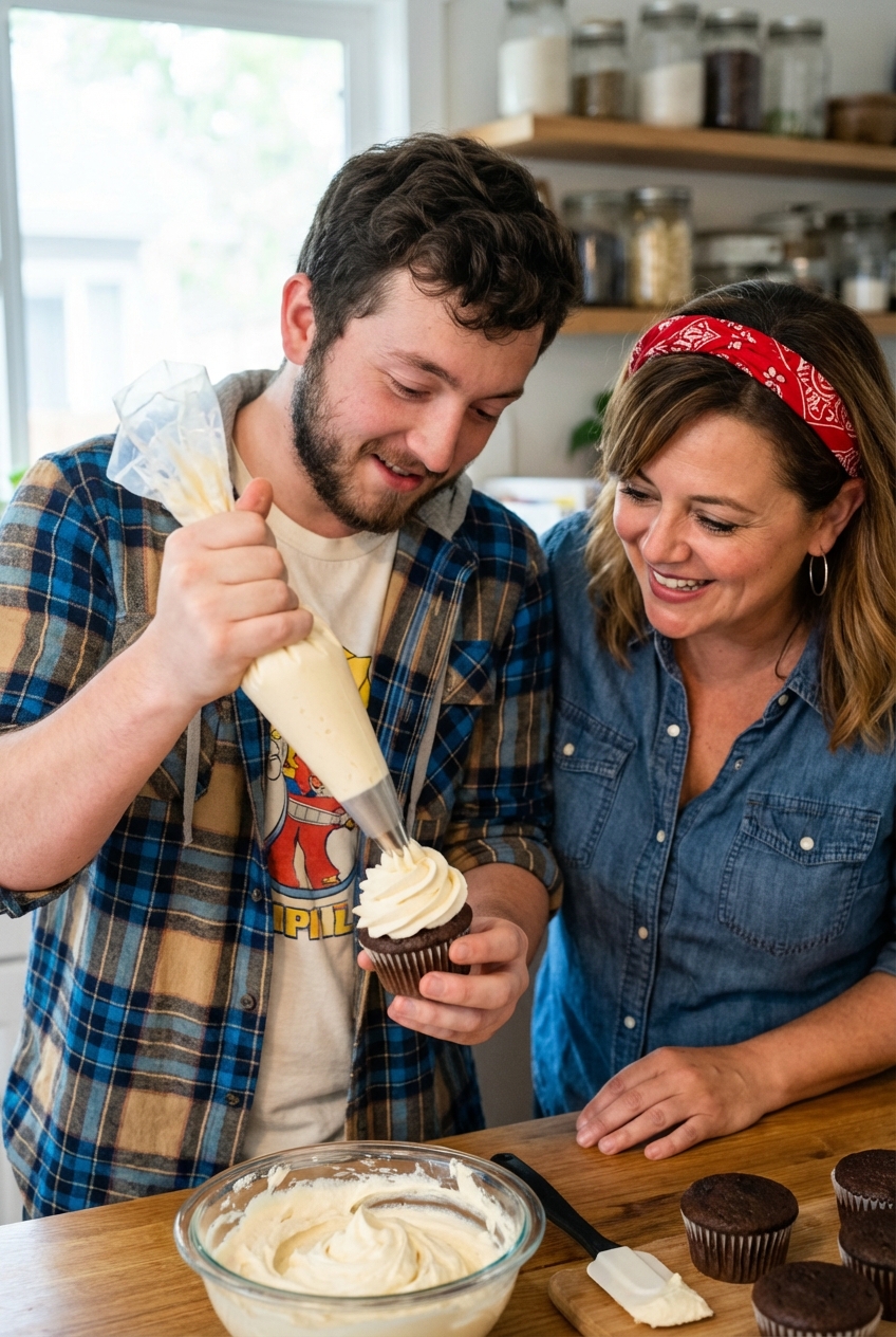 A real photo of a cupcake being frosted with a swirl of vanilla buttercream using a piping bag