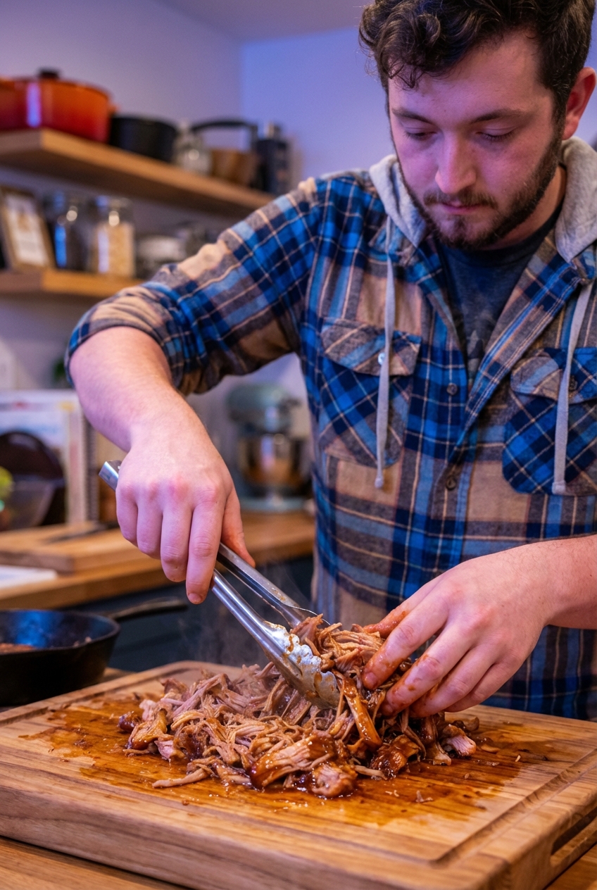 A real photo of a cutting board with shredded pulled pork being tossed with sauce using tongs