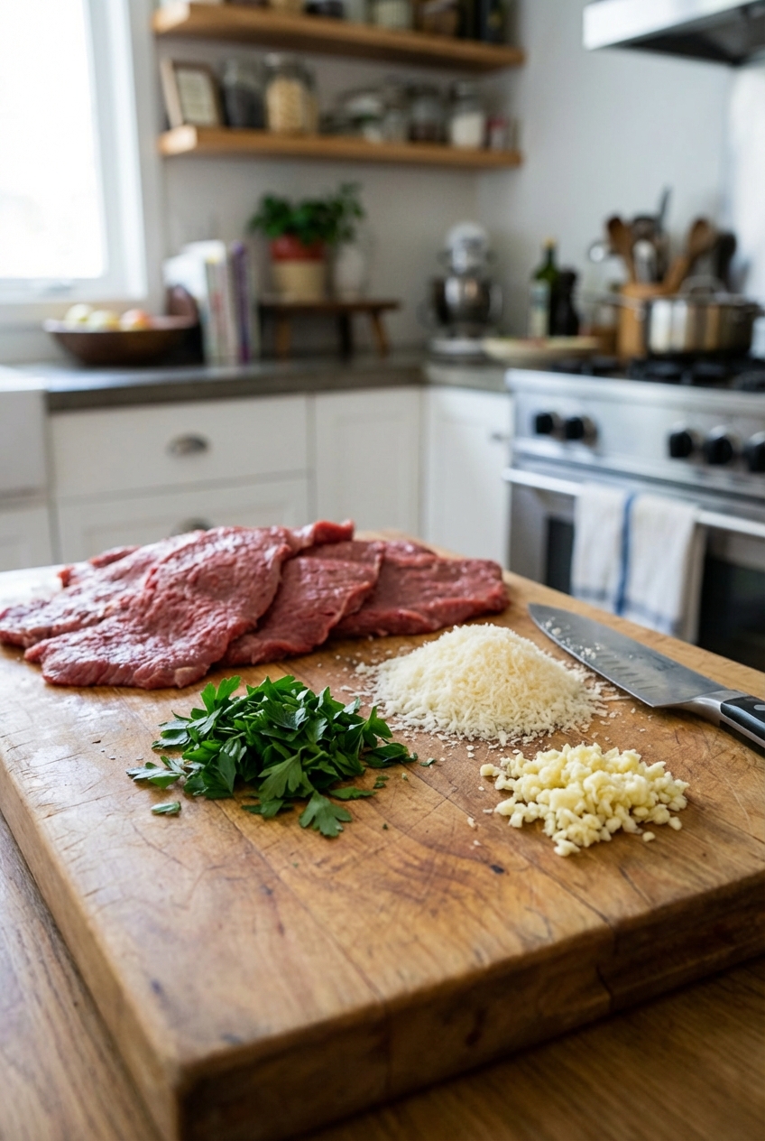 A real photo of a cutting board with thin beef cutlets, chopped parsley, grated Parmesan, and minced garlic ready for assembling braciole