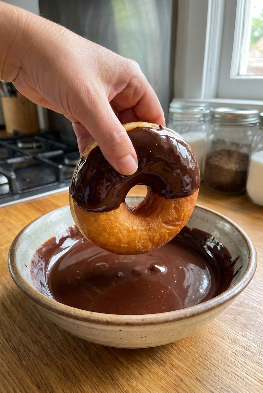 A real photo of a donut being dipped top-side down into a bowl of glossy dark chocolate glaze