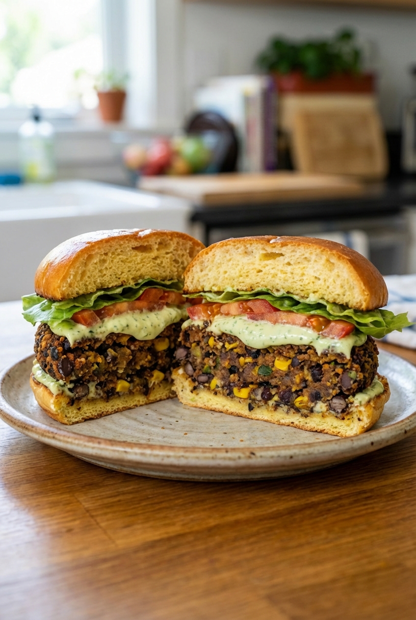 A real photo of a finished black bean burger cut in half showing a hearty, textured interior with toppings on a plate