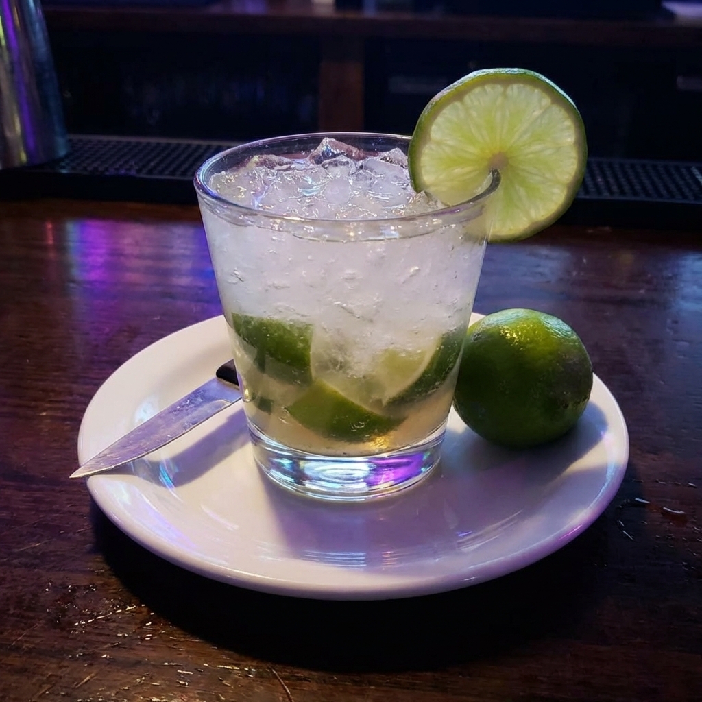 A real photo of a finished caipirinha in a rocks glass with crushed ice and lime garnish on a small plate with a knife and lime nearby