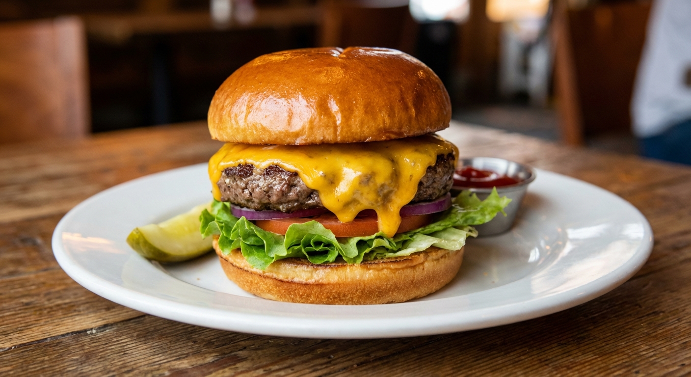 A real photo of a finished cheeseburger on a plate with melted cheese, crisp lettuce, and a glossy toasted bun