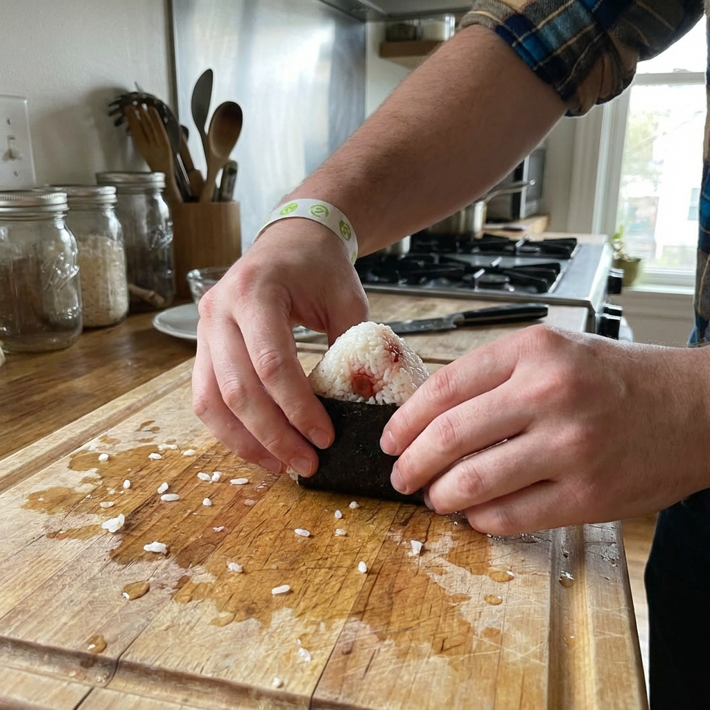 A real photo of a finished onigiri triangle being wrapped with a strip of nori on a cutting board