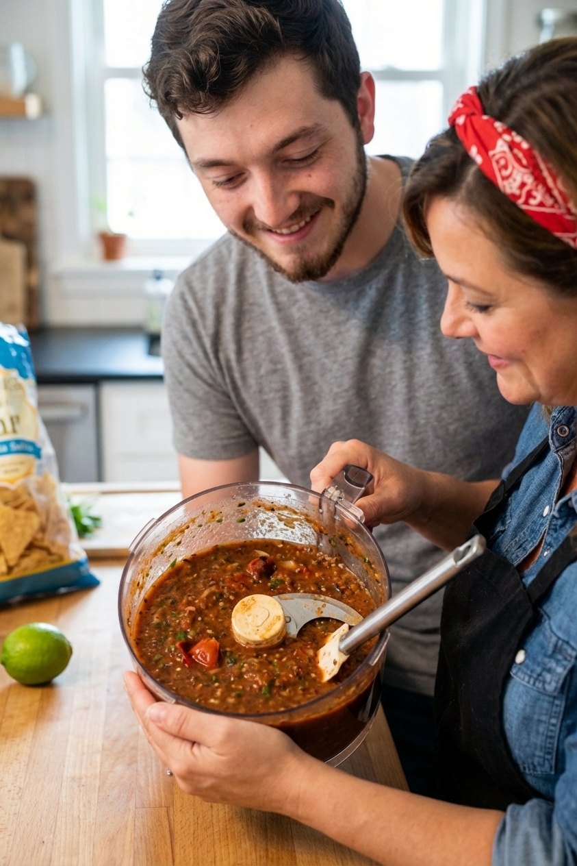 A real photo of a food processor bowl filled with blended fire-roasted tomato salsa showing a medium-smooth texture
