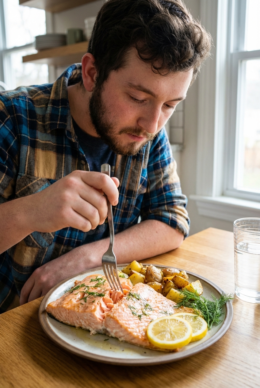 A real photo of a fork flaking a moist piece of baked salmon on a plate with lemon and herbs