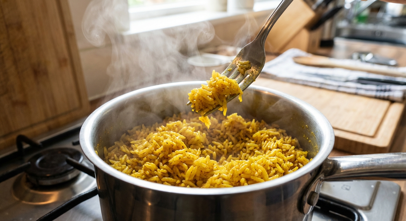 A real photo of a fork fluffing yellow rice in a saucepan with steam rising