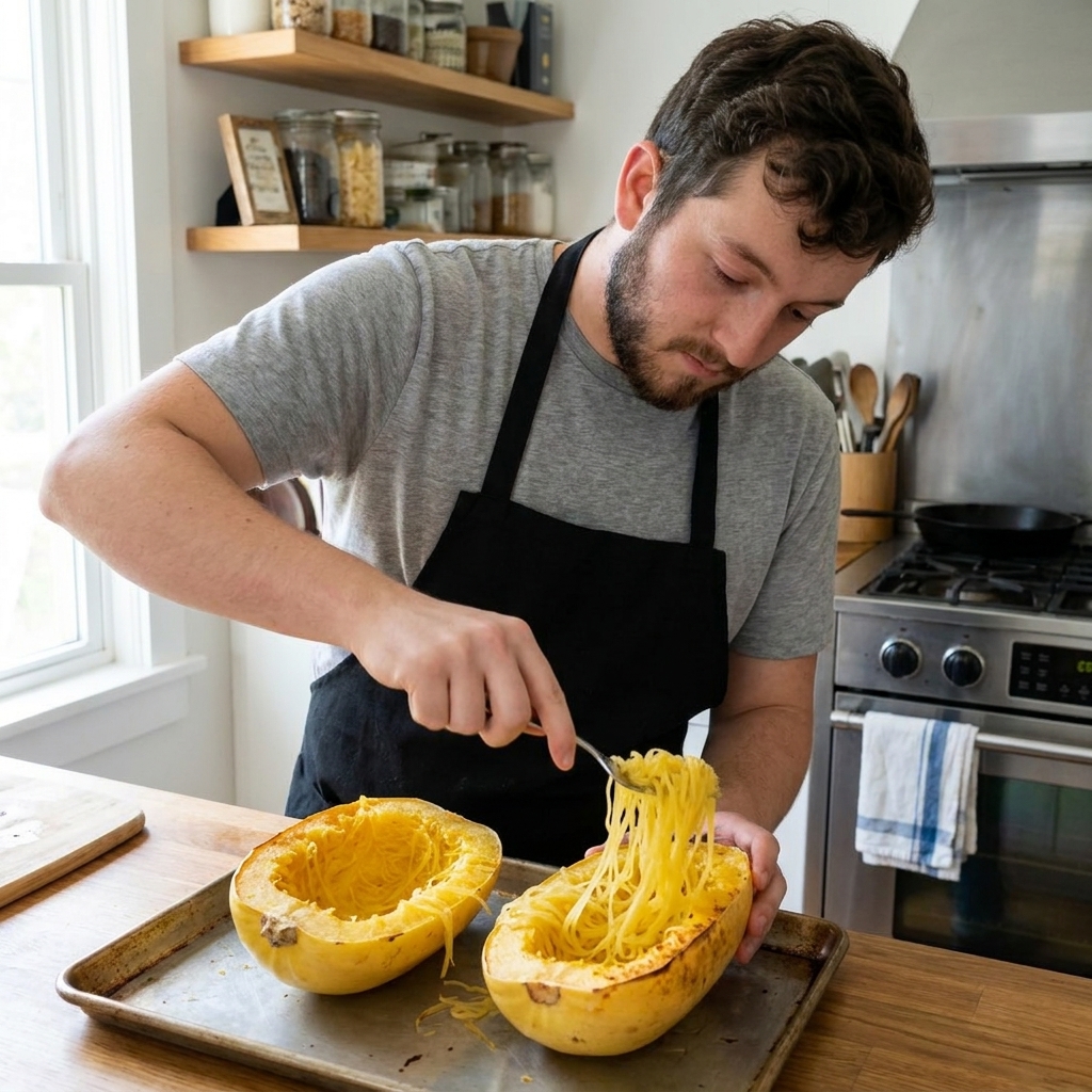 A real photo of a fork scraping roasted spaghetti squash flesh into long strands while the squash sits on a baking sheet
