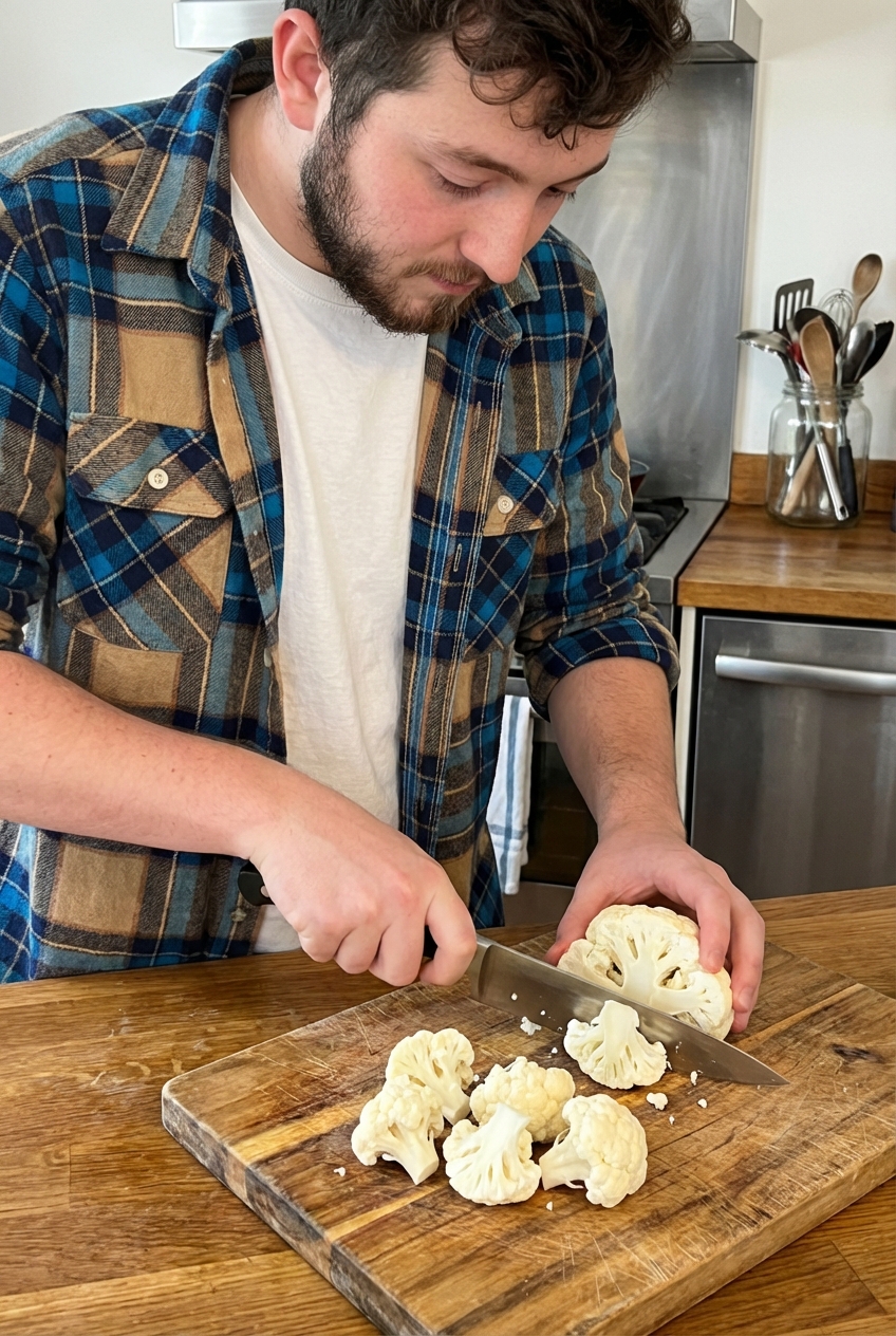 A real photo of a fresh head of cauliflower being cut into florets on a wooden cutting board with a chef's knife