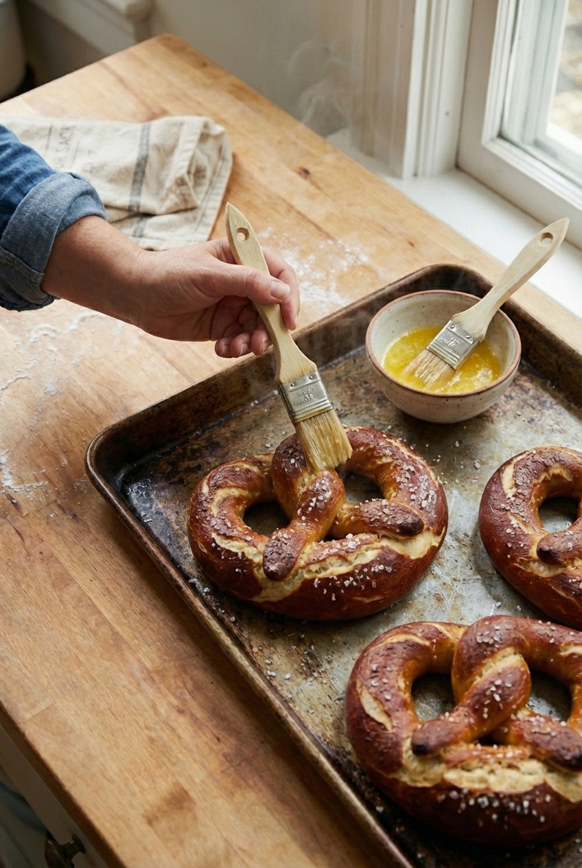 A real photo of a freshly baked pretzel being brushed with melted butter on a baking sheet
