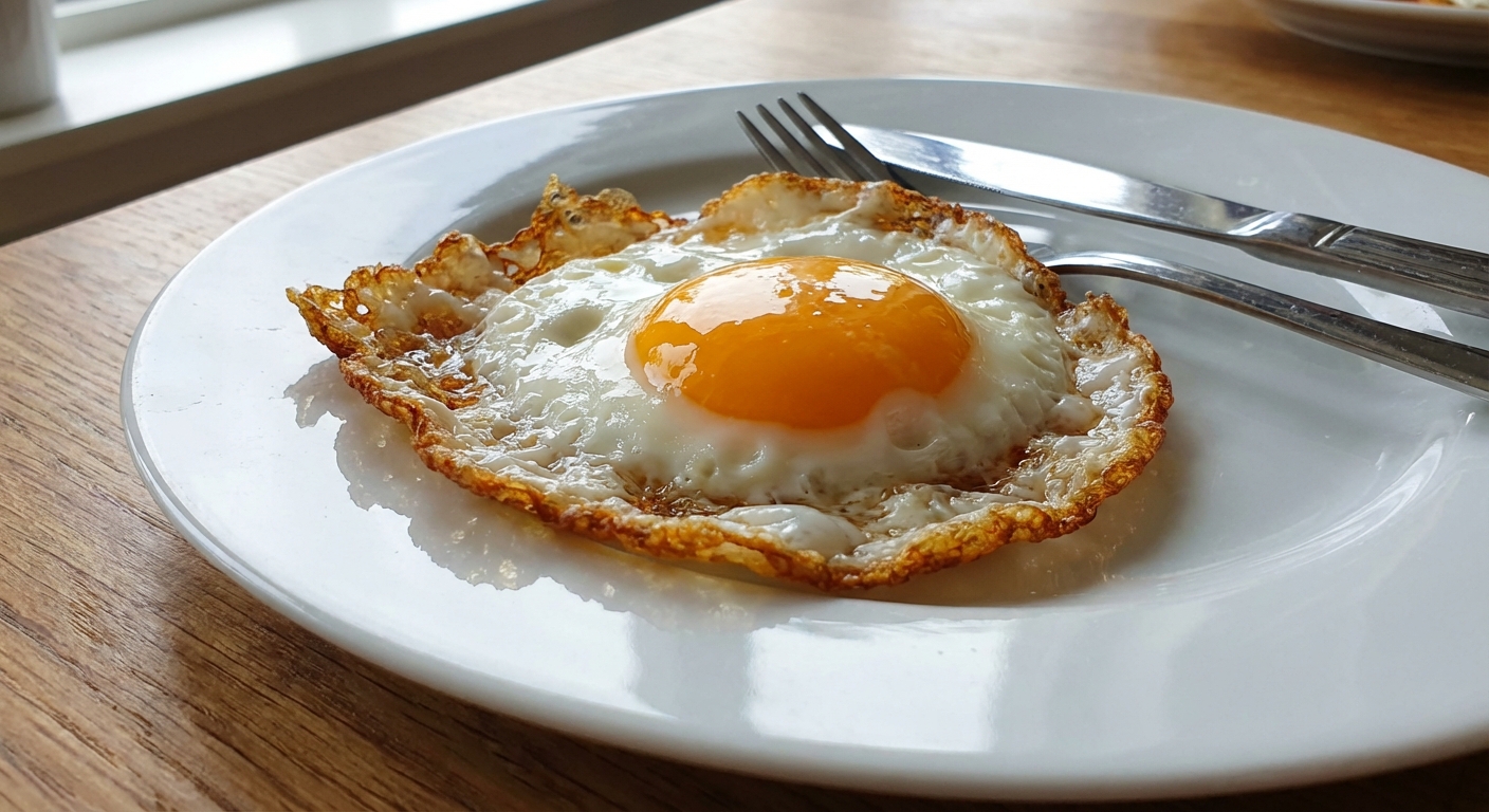 A real photo of a fried egg with crispy edges on a plate