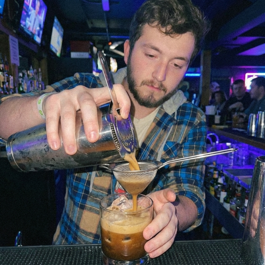 A real photo of a frothy espresso cocktail being strained into a rocks glass filled with ice