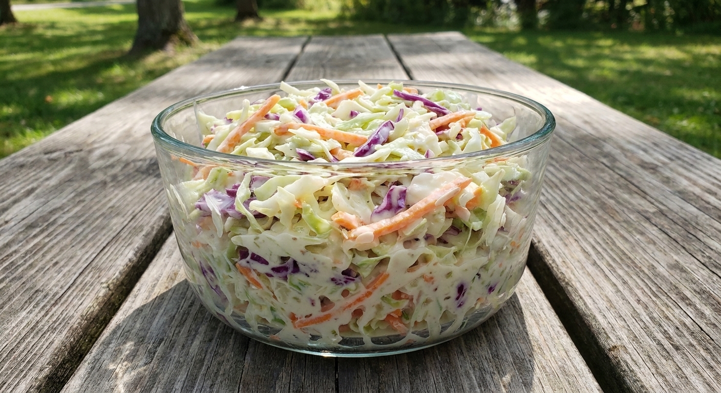 A real photo of a glass bowl filled with classic creamy coleslaw made with green cabbage, purple cabbage, and carrots, sitting on a wooden picnic table in natural daylight