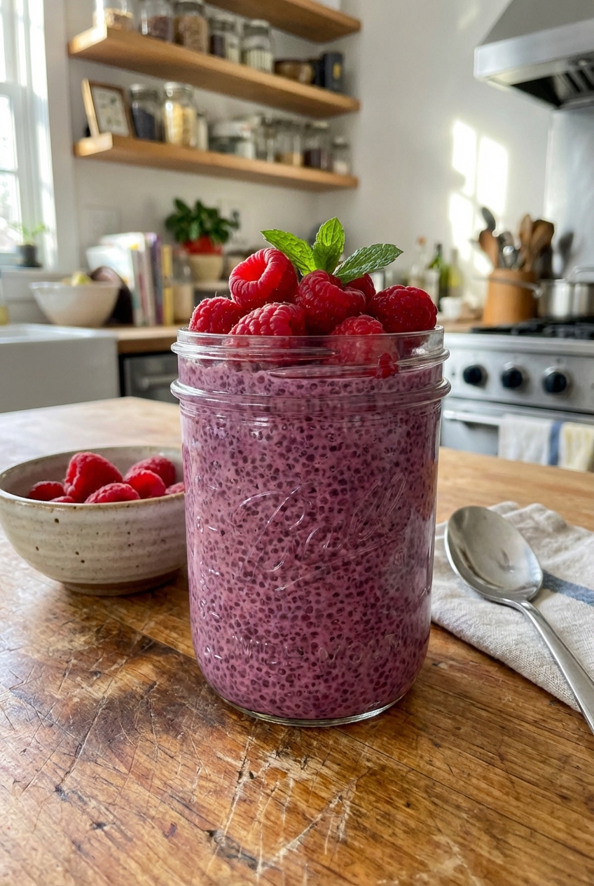 A real photo of a glass jar of berry chia pudding with fresh raspberries on top on a kitchen counter