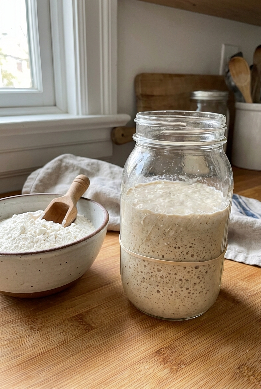 A real photo of a glass jar of sourdough starter on a kitchen counter next to a bowl of flour