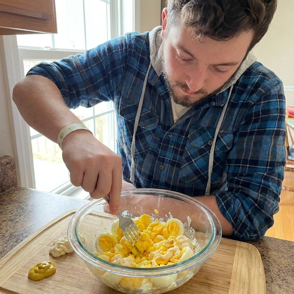 A real photo of a glass mixing bowl with cooked egg yolks being mashed with mayonnaise and mustard using a fork on a wooden cutting board