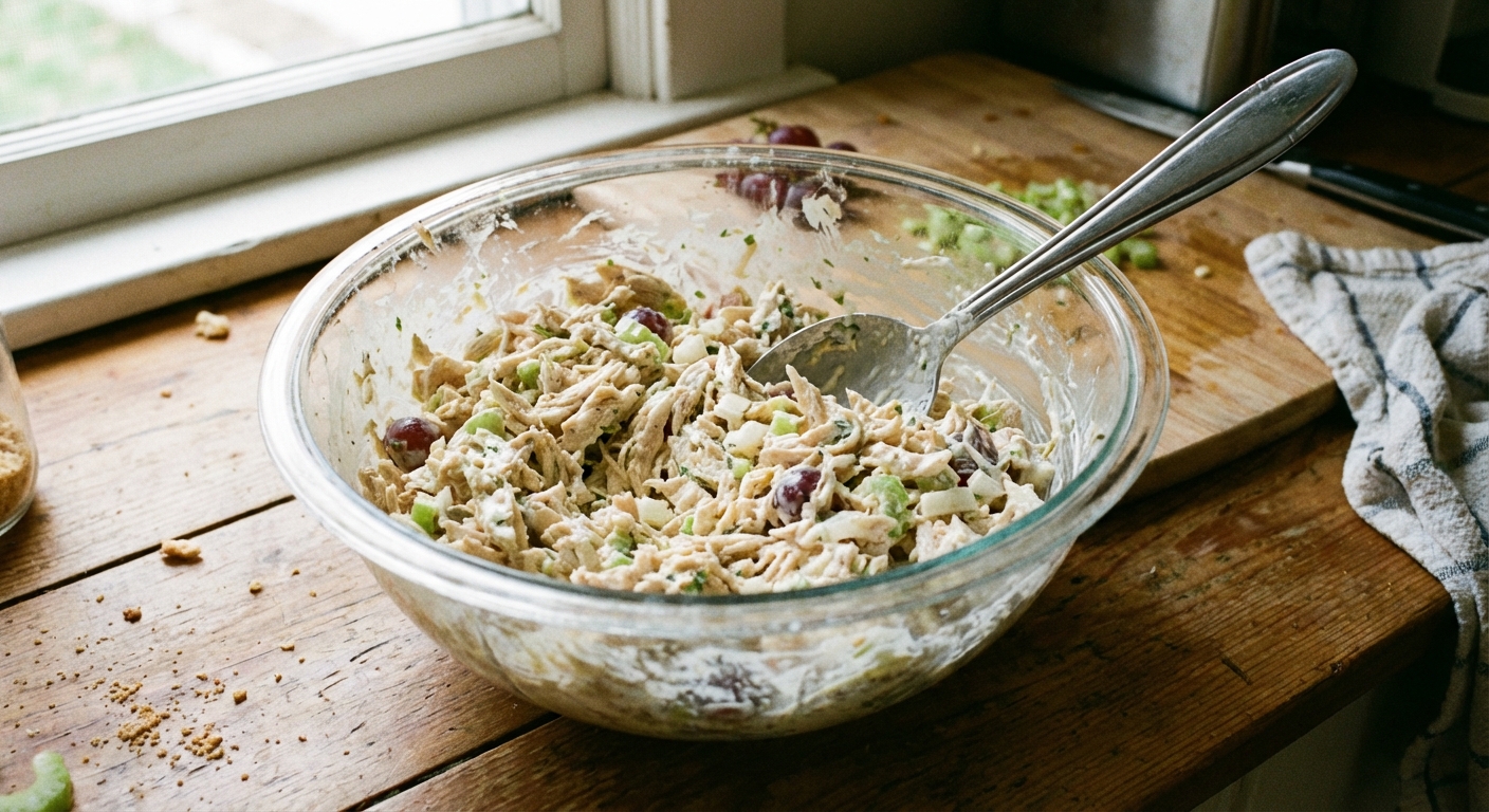 A real photo of a glass mixing bowl with shredded chicken salad being stirred with a spoon on a kitchen counter