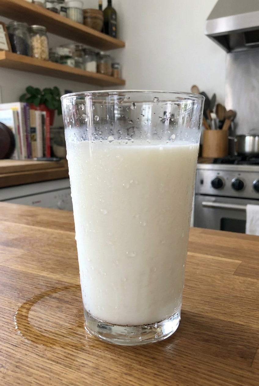 A real photo of a glass of cold milk with condensation on the outside on a kitchen counter
