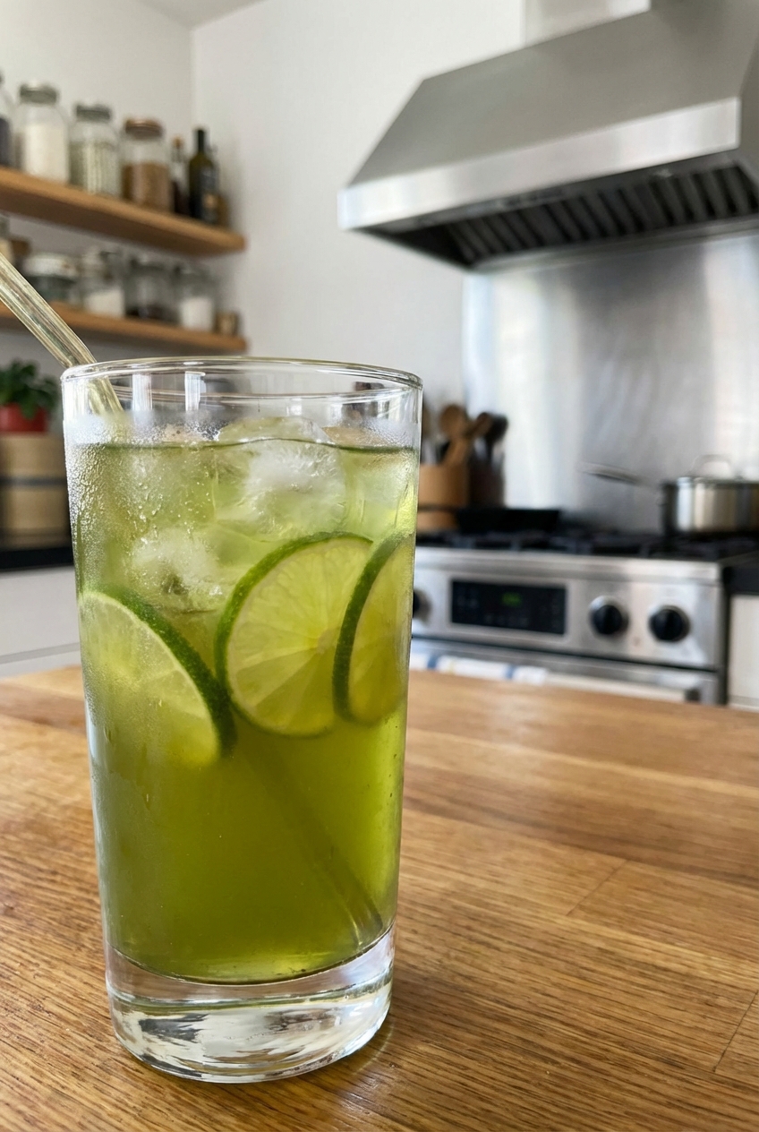 A real photo of a glass of iced green tea with lime slices