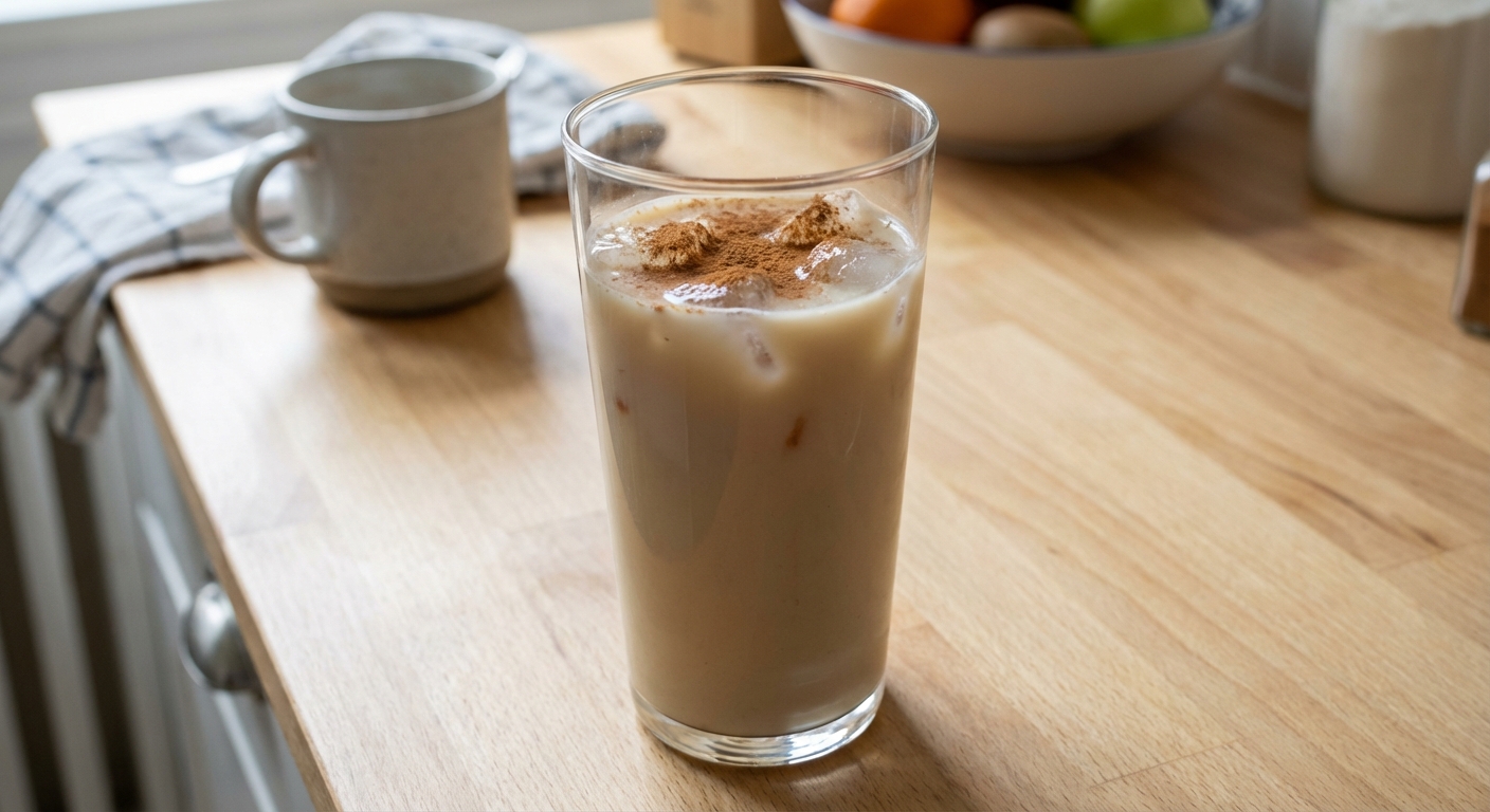 A real photo of a glass of iced oat milk with cinnamon on top on a kitchen counter