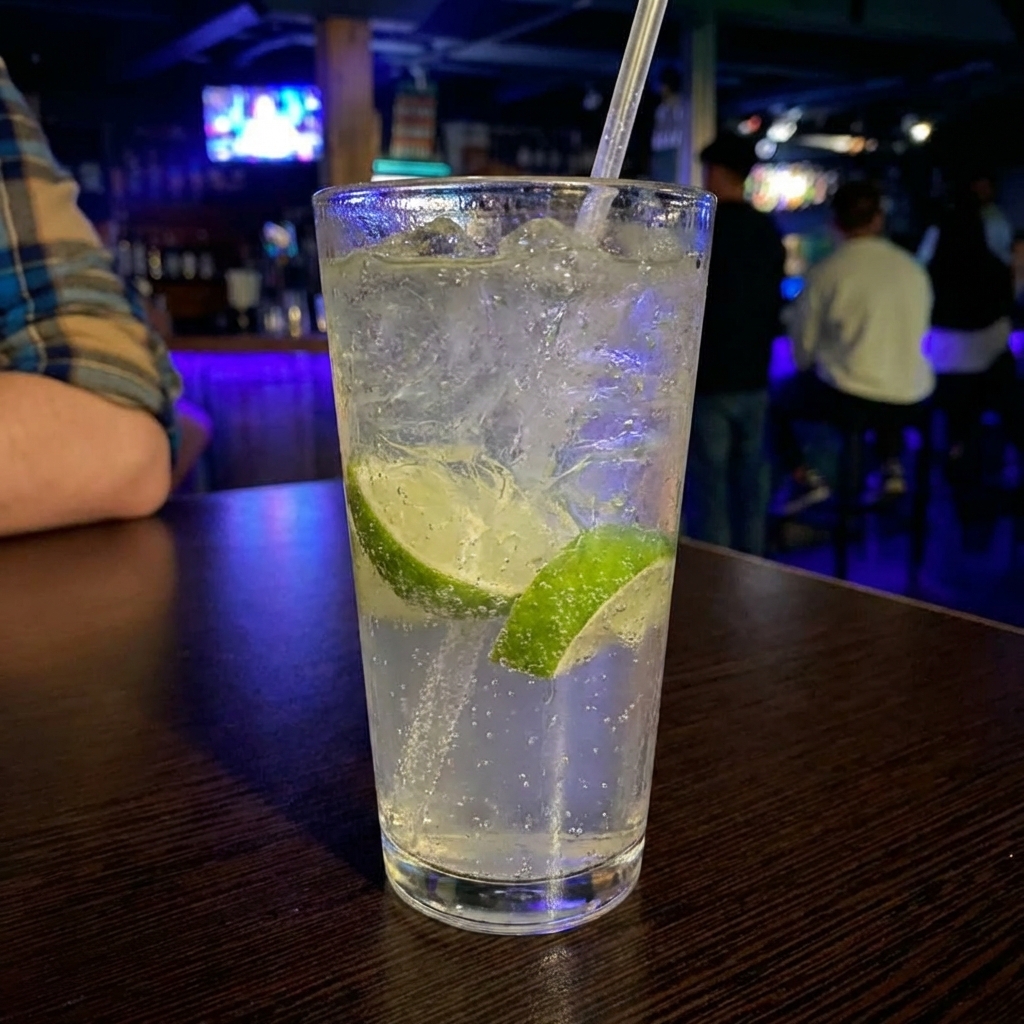 A real photo of a glass of sparkling lime agua fresca with ice on a table