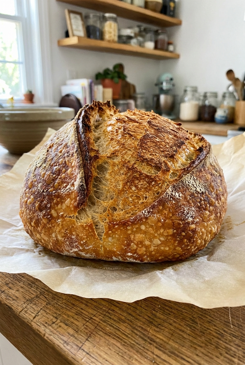 A real photo of a golden artisan sourdough boule on parchment paper with a deep score and crisp blistered crust on a wooden counter