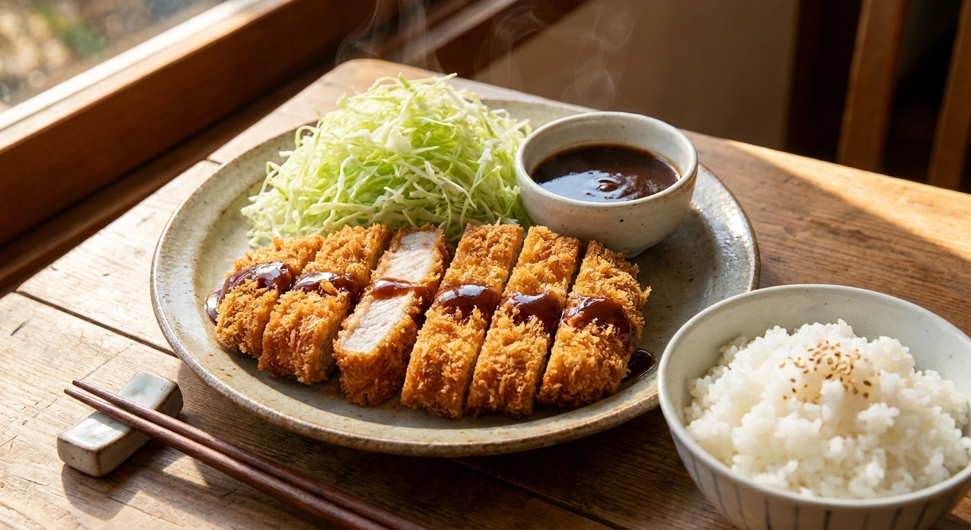 A real photo of a golden-brown pork tonkatsu cutlet sliced into strips on a plate with a mound of finely shredded cabbage, a small bowl of tonkatsu sauce, and a bowl of short-grain rice in warm natural light