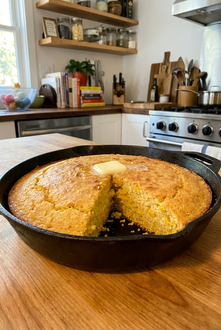 A real photo of a golden cornbread round in a cast iron skillet with a wedge cut out