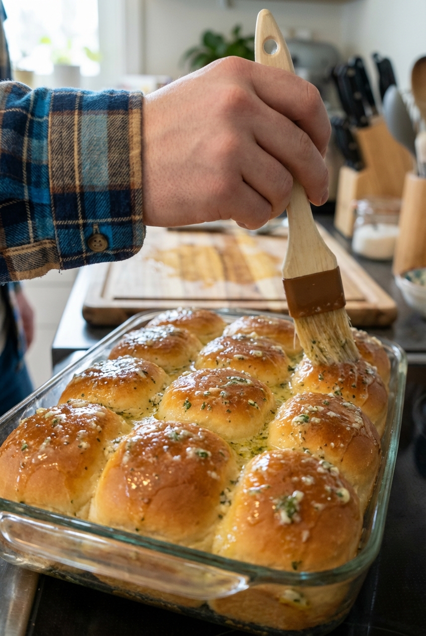 A real photo of a hand brushing buttery glaze over connected slider tops in a baking dish